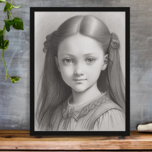 Black and White Pencil Drawing Girl Portrait Poster