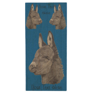 black and white pencil drawing of cute donkey wood flash drive