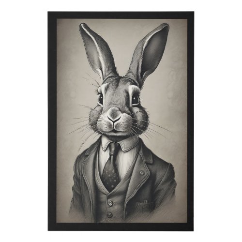 Black and White Pencil Sketch Rabbit Suit and Tie Faux Canvas Print