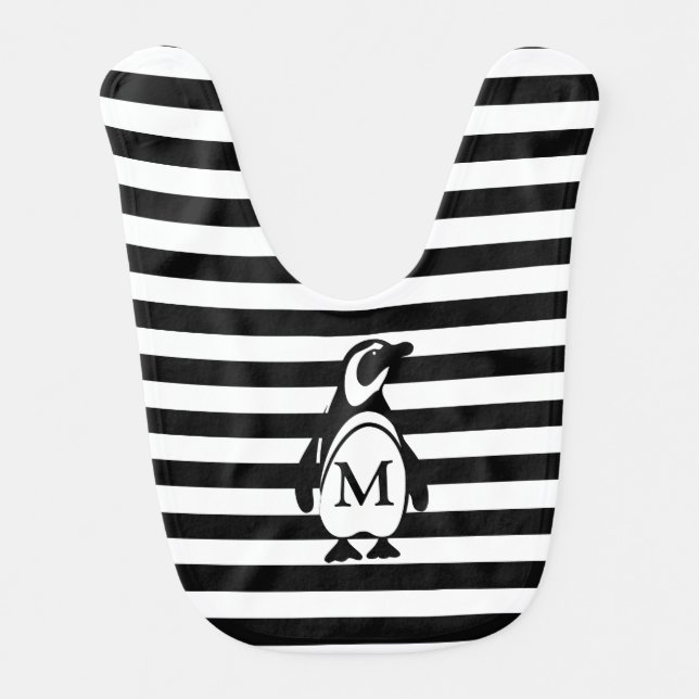 Black and White Penguin and Stripes Monogram Baby Bib (Front)