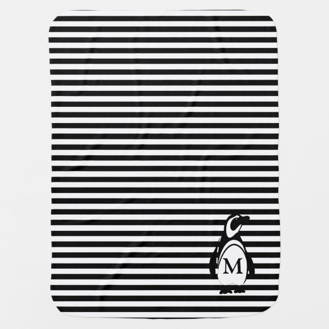 Black and White Penguin and Stripes Monogram Baby Blanket (Front)