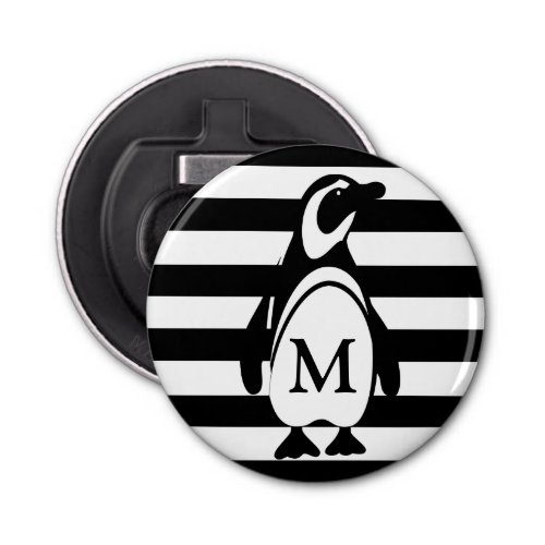 Black and White Penguin and Stripes Monogram Bottle Opener