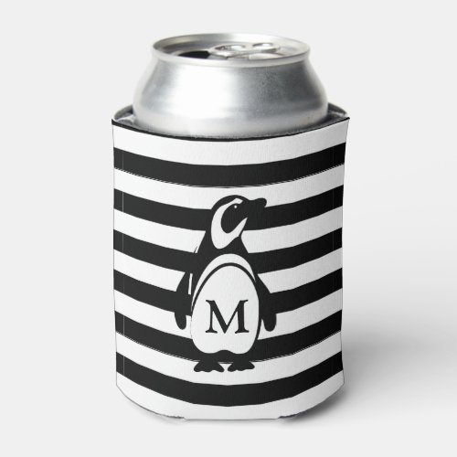 Black and White Penguin and Stripes Monogram Can Cooler
