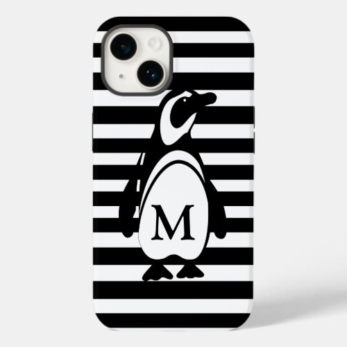 Black and White Penguin and Stripes Monogram Case_Mate iPhone 14 Case