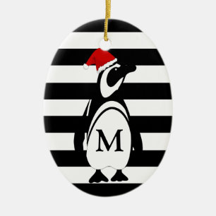 Black and White Penguin and Stripes Monogram Ceramic Ornament
