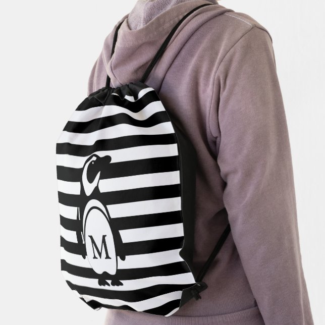 Black and White Penguin and Stripes Monogram Drawstring Bag (Insitu)