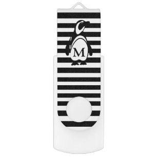 Black and White Penguin and Stripes Monogram Flash Drive