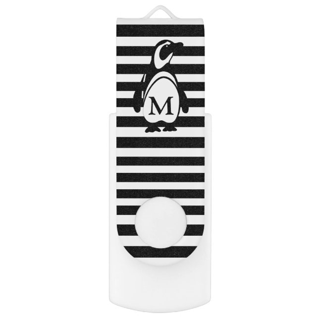 Black and White Penguin and Stripes Monogram Flash Drive (Front Vertical)