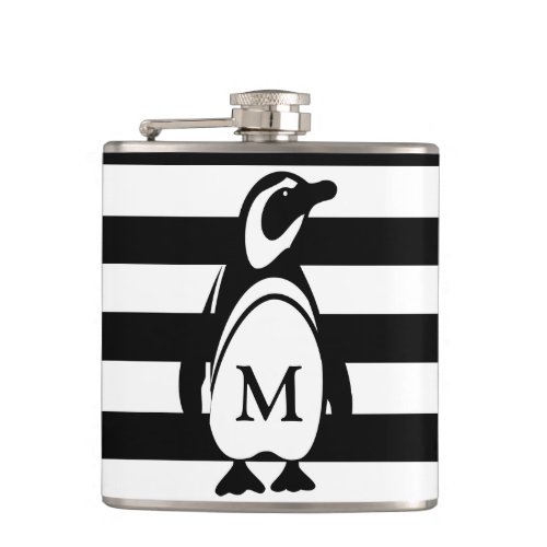 Black and White Penguin and Stripes Monogram Flask