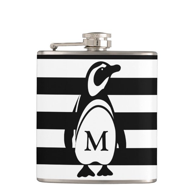 Black and White Penguin and Stripes Monogram Flask (Front)