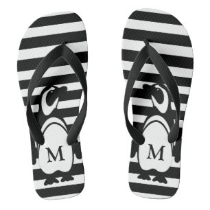 Black and White Penguin and Stripes Monogram Flip Flops