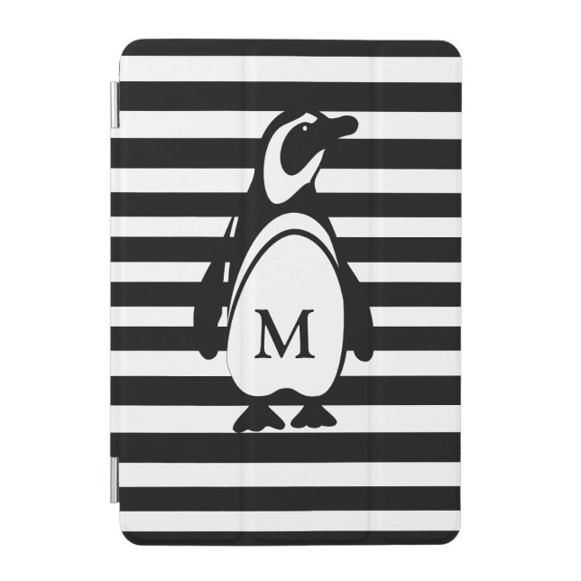 Black and White Penguin and Stripes Monogram iPad Mini Cover (Front)