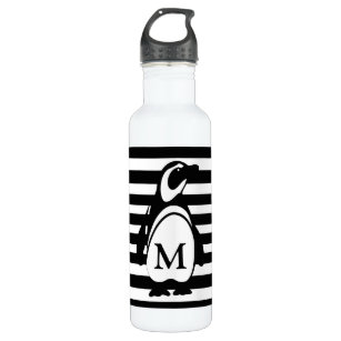 Black and White Penguin and Stripes Monogram Stainless Steel Water Bottle