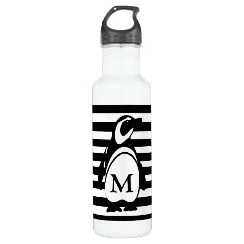 Black and White Penguin and Stripes Monogram Stainless Steel Water Bottle