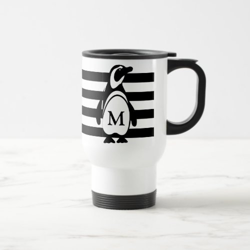 Black and White Penguin and Stripes Monogram Travel Mug