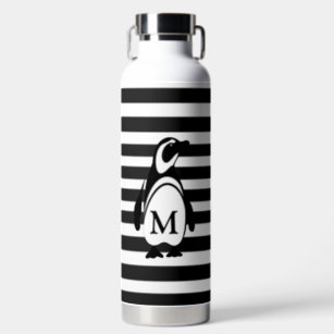 Black and White Penguin and Stripes Monogram Water Bottle