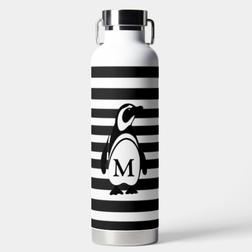 Black and White Penguin and Stripes Monogram Water Bottle