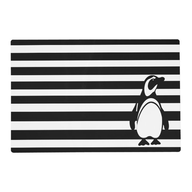 Black and White Penguin and Stripes Placemat (Front)