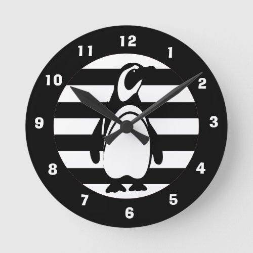 Black and White Penguin and Stripes Round Clock