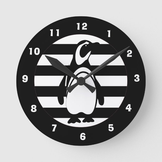 Black and White Penguin and Stripes Round Clock (Front)