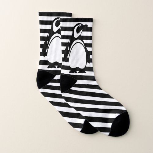 Black and White Penguin and Stripes Socks