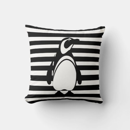Black and White Penguin and Stripes Throw Pillow