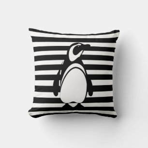 Black and White Penguin and Stripes Throw Pillow