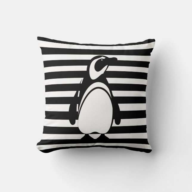 Black and White Penguin and Stripes Throw Pillow (Front)