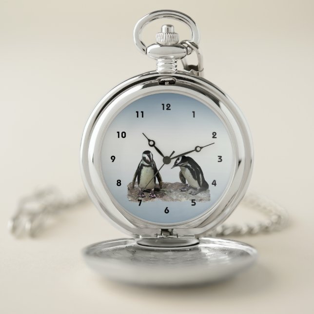Black and White Penguin Birds Blue Pocket Watch (Inside)