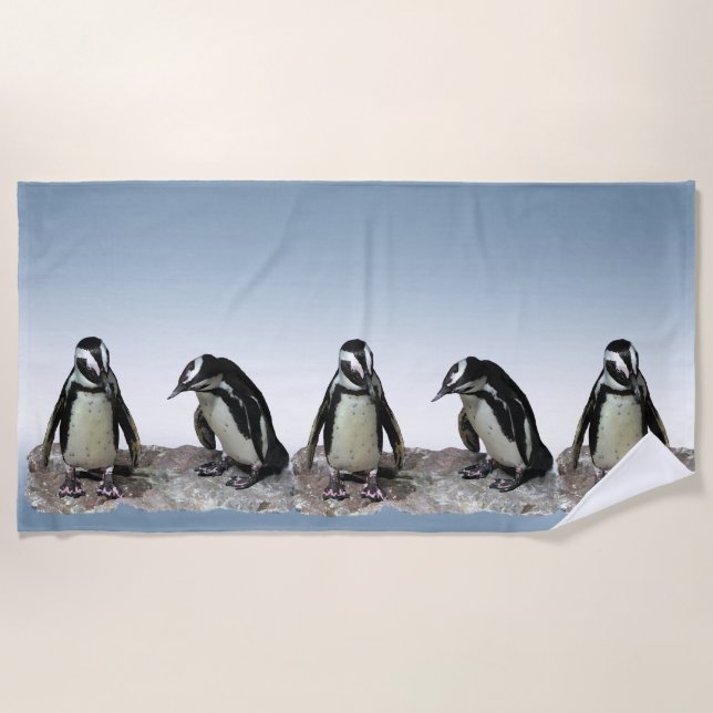 Black and White Penguin Birds on Blue Beach Towel (Front)