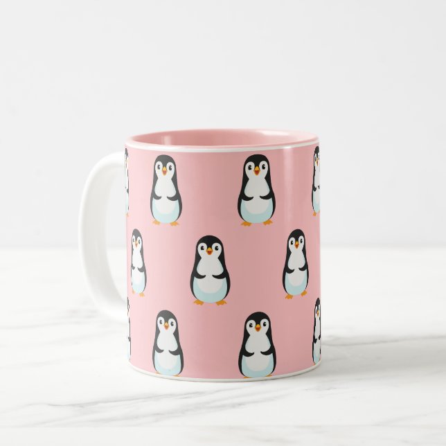 Black and White Penguin Pattern on Light Pink Two-Tone Coffee Mug (Front Left)
