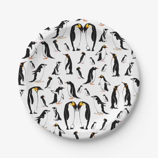 Black and white penguin Pattern Paper Plates (Front)