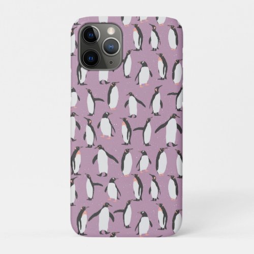 Black and White Penguins on Purple iPhone 11 Pro Case