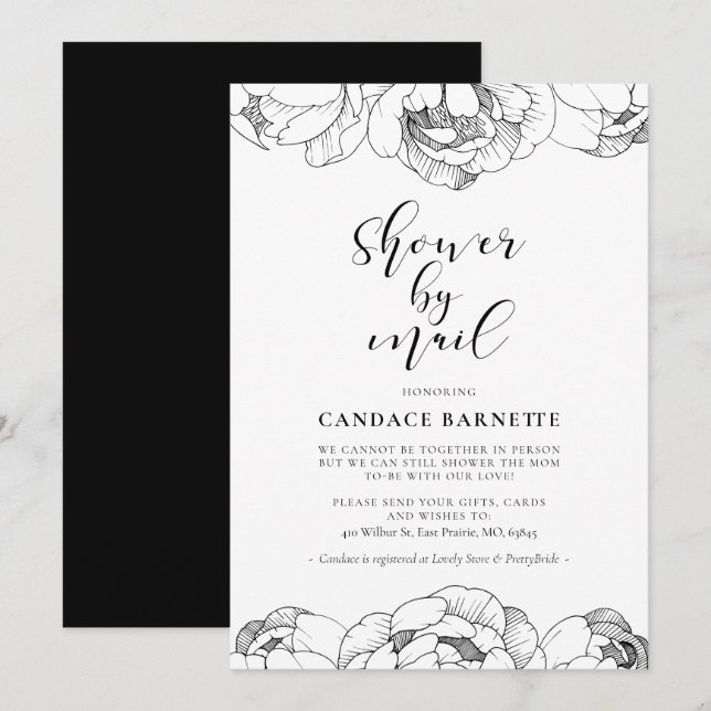 Black and white peonies Baby shower by mail Invitation (Front/Back)