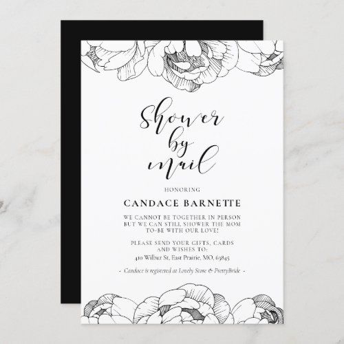 Black and white peonies Baby shower by mail Invitation