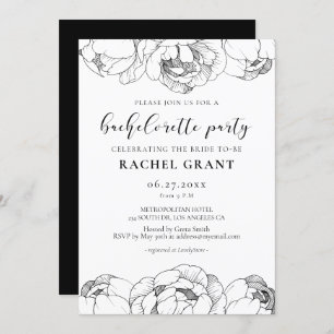 Black and white peonies Bachelorette Party Invitation