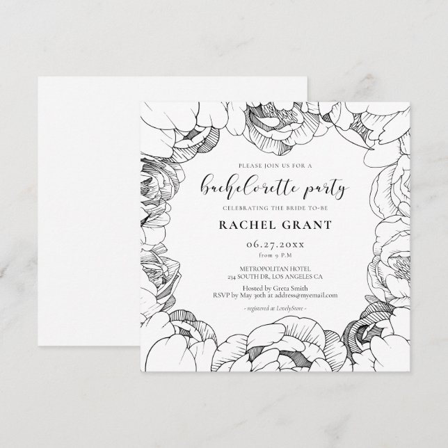 Black and white peonies Bachelorette Party Invitation (Front/Back)