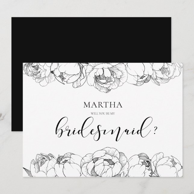 Black and white peonies Bridesmaid proposal card (Front/Back)