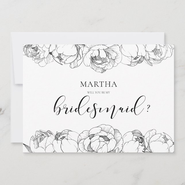 Black and white peonies Bridesmaid proposal card (Front)