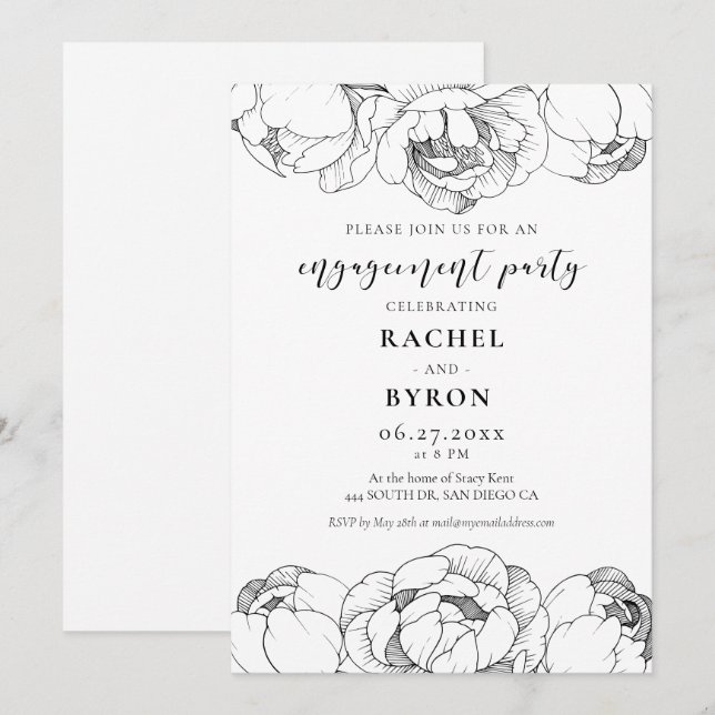 Black and white peonies elegant engagement party invitation (Front/Back)