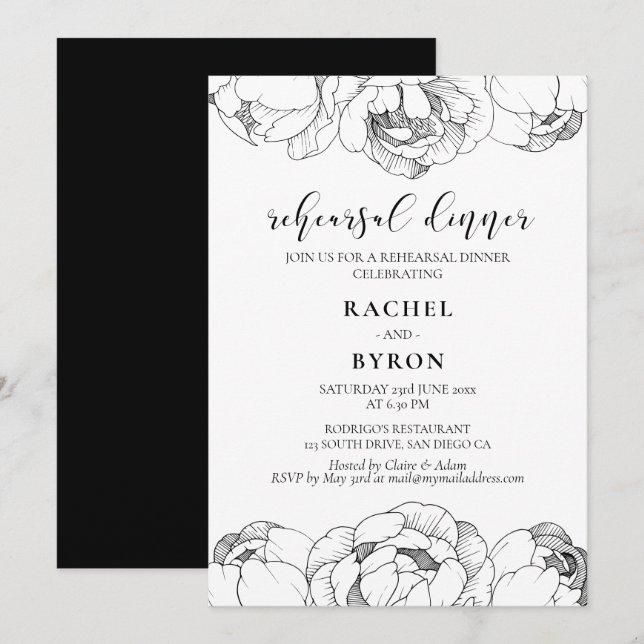 Black and white peonies elegant rehearsal dinner invitation (Front/Back)