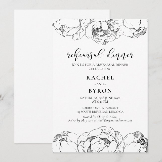 Black and white peonies elegant rehearsal dinner invitation (Front/Back)