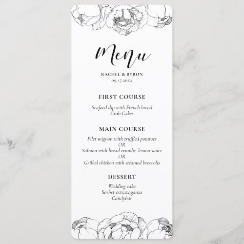 Black and white peonies elegant wedding menu