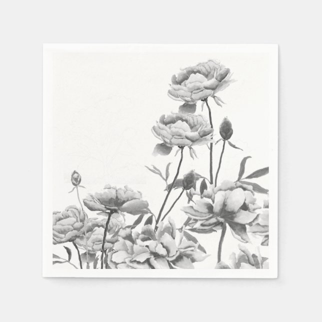 black and white peonies paper napkins (Front)