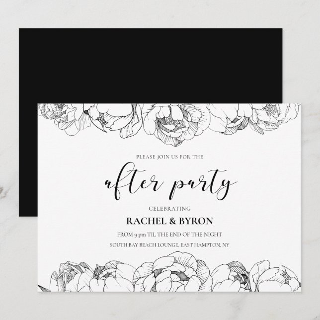 Black and white peonies wedding after party invitation (Front/Back)