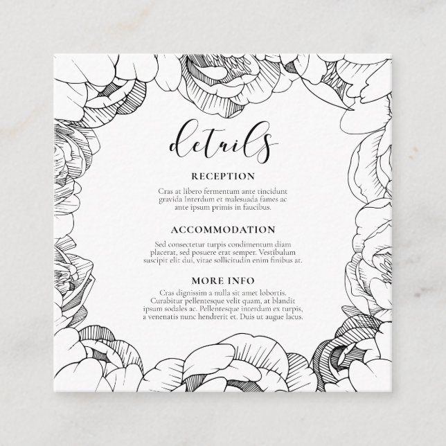 Black and white peonies wedding guest information enclosure card (Front)