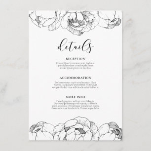 Black and white peonies wedding guest information enclosure card