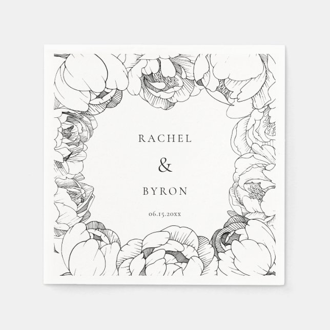 Black and white peonies wedding paper napkin (Front)
