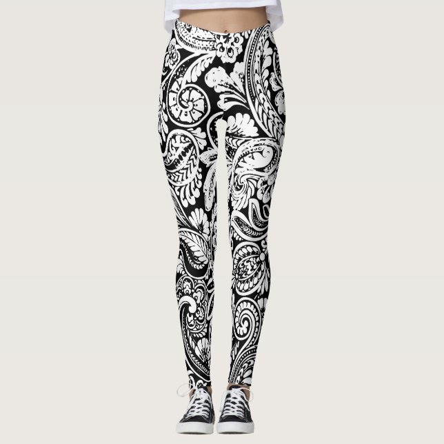 Black and White Persian Paisley Print Leggings (Front)