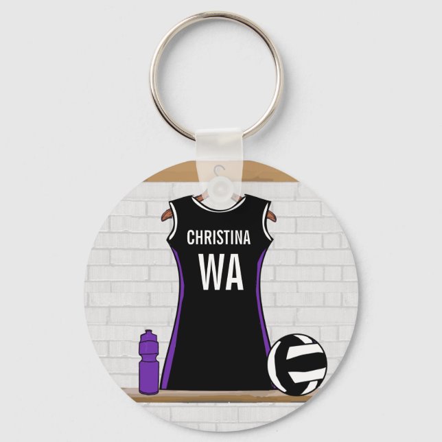 Black and White personalised netball Keychain (Front)